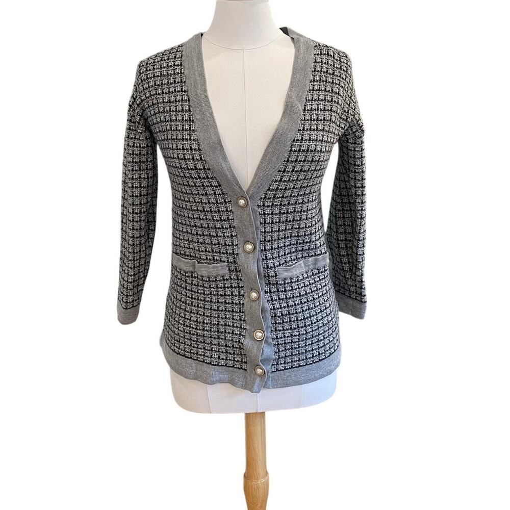 Talbots Gray Black 100% Merino Wool V-Neck Lady Jacket Cardigan, Quiet Luxury, S